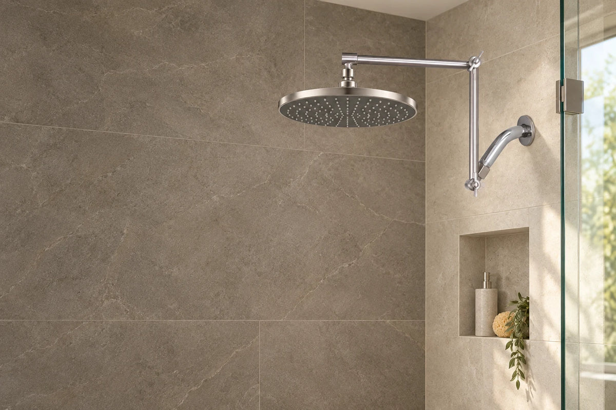 Illustrative bathroom scene with adjustable shower extension